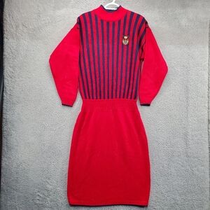 Vintage Plain Jane Sweater Dress Knit Size Medium Stripes Crest Red Blue